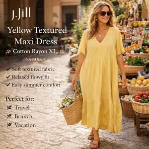J Jill Maxi Dress Textured Short Sleeve V-Neck Flowy Casual Everyday Comfort
